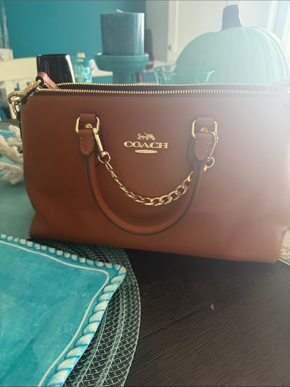Coach Chestnut Brown Leather Satchel with Gold Chain Accent